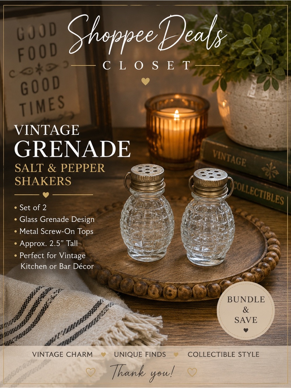 Vintage Mini Glass Grenade Salt & Pepper Shakers Metal Tops Set of 2
